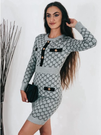 Dámske sivé vzorované svetríkové šaty na gombíky