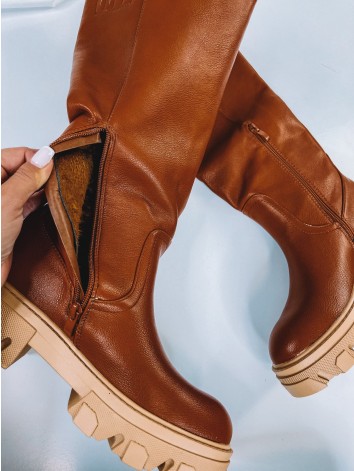 Dámske camel zateplené čižmy s hnedou platformou