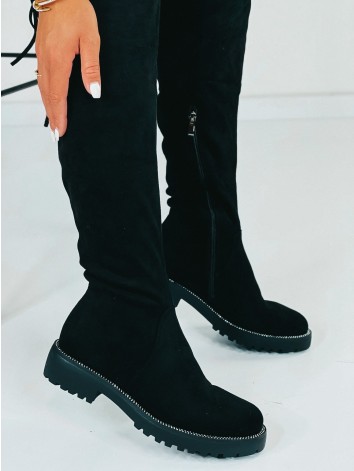 Dámske čierne čižmy nad kolená s kamienkami