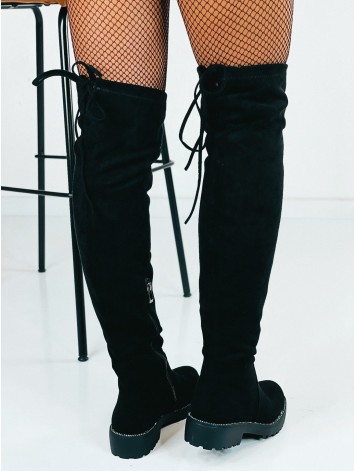 Dámske čierne čižmy nad kolená s kamienkami