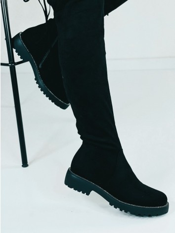 Dámske čierne čižmy nad kolená s kamienkami