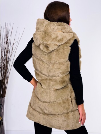 Dámska hnedá kožušinová vesta s kapucňou