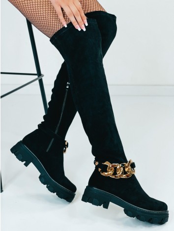 Dámske čierne semišové čižmy nad kolená s odopínateľnou reťazou
