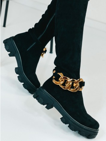 Dámske čierne semišové čižmy nad kolená s odopínateľnou reťazou