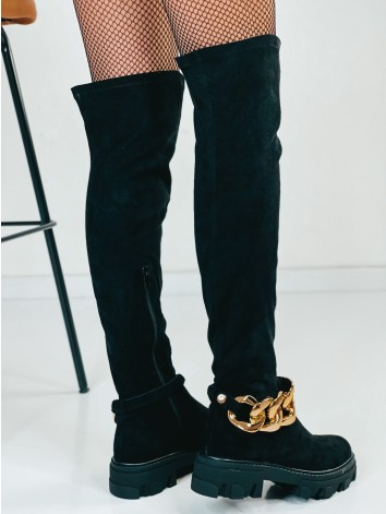 Dámske čierne semišové čižmy nad kolená s odopínateľnou reťazou