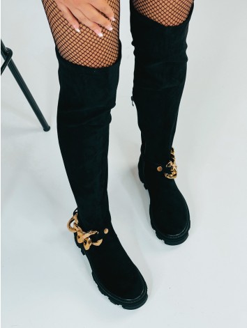Dámske čierne semišové čižmy nad kolená s odopínateľnou reťazou