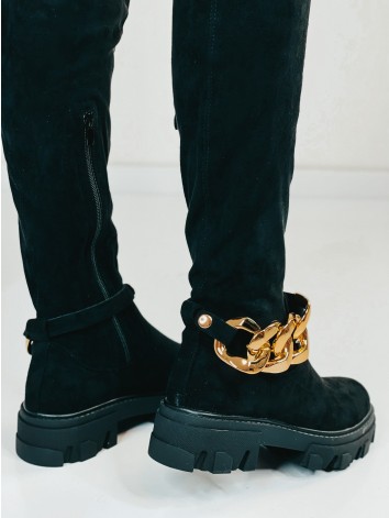 Dámske čierne semišové čižmy nad kolená s odopínateľnou reťazou