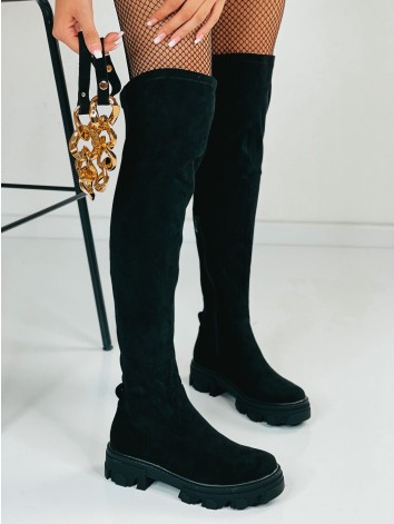Dámske čierne semišové čižmy nad kolená s odopínateľnou reťazou