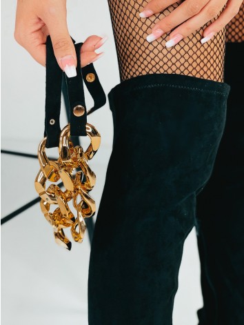 Dámske čierne semišové čižmy nad kolená s odopínateľnou reťazou