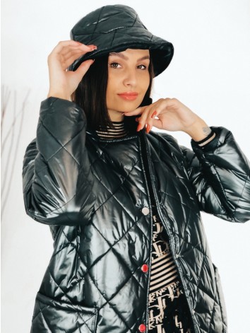 Dámska čierna dlhá prešívaná vetrovka s opaskom a KLOBÚKOM