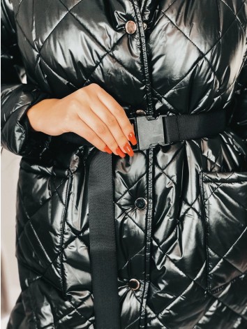 Dámska čierna dlhá prešívaná vetrovka s opaskom a KLOBÚKOM