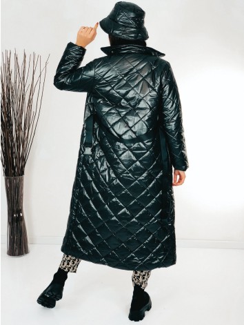 Dámska čierna dlhá prešívaná vetrovka s opaskom a KLOBÚKOM