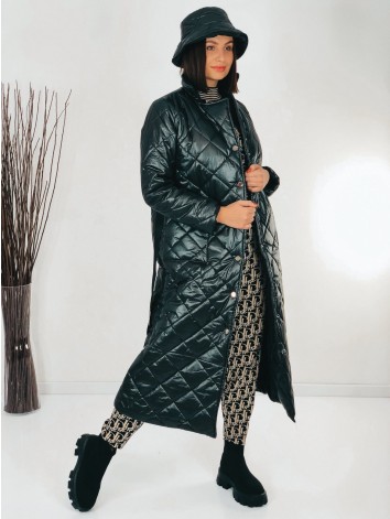 Dámska čierna dlhá prešívaná vetrovka s opaskom a KLOBÚKOM