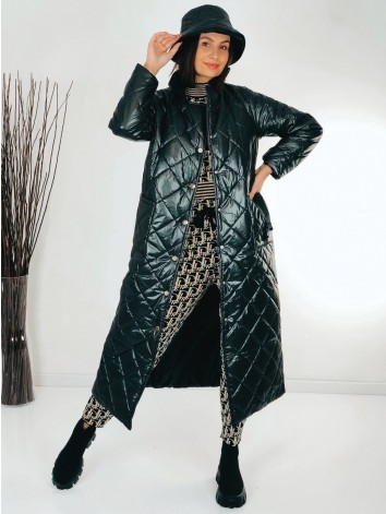 Dámska čierna dlhá prešívaná vetrovka s opaskom a KLOBÚKOM