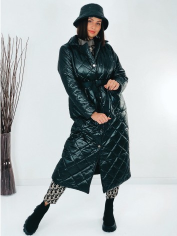 Dámska čierna dlhá prešívaná vetrovka s opaskom a KLOBÚKOM