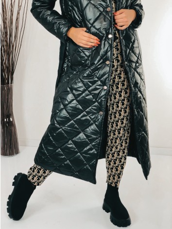 Dámska čierna dlhá prešívaná vetrovka s opaskom a KLOBÚKOM