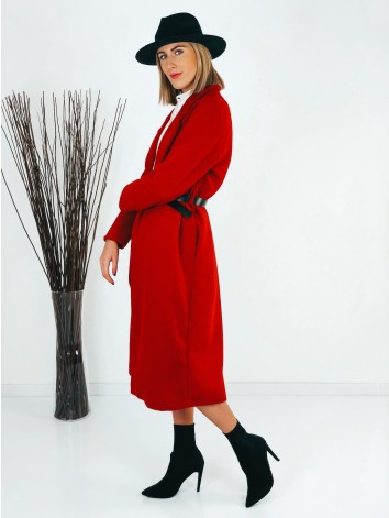 Dámsky dlhý červený kabát s opaskom Arabel