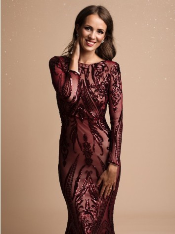 Dlhé bordové flitrované spoločenské šaty s rukávom