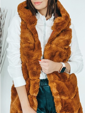 Dámska camel predĺžená kožušinová vestička s kapucňou
