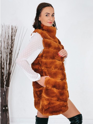 Dámska camel predĺžená kožušinová vestička so stojáčikom
