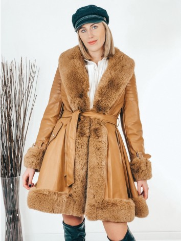 Exkluzívna hnedá kožušinová bunda s opaskom