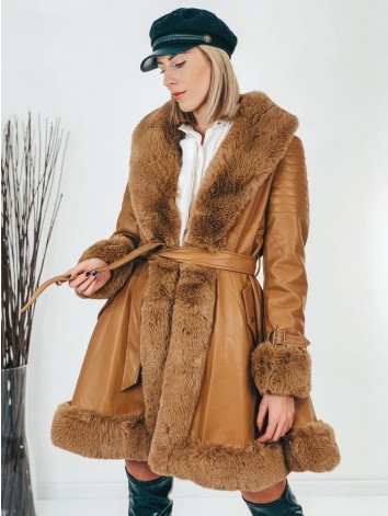 Exkluzívna hnedá kožušinová bunda s opaskom