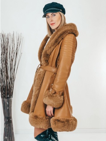 Exkluzívna hnedá kožušinová bunda s opaskom