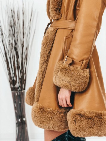 Exkluzívna hnedá kožušinová bunda s opaskom