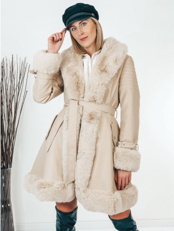 Exkluzívna béžová kožušinová bunda s opaskom