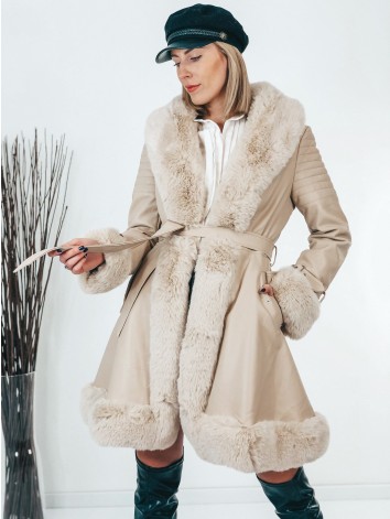 Exkluzívna béžová kožušinová bunda s opaskom