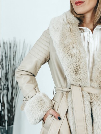 Exkluzívna béžová kožušinová bunda s opaskom