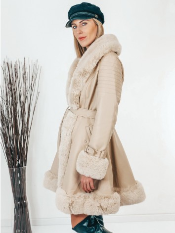 Exkluzívna béžová kožušinová bunda s opaskom