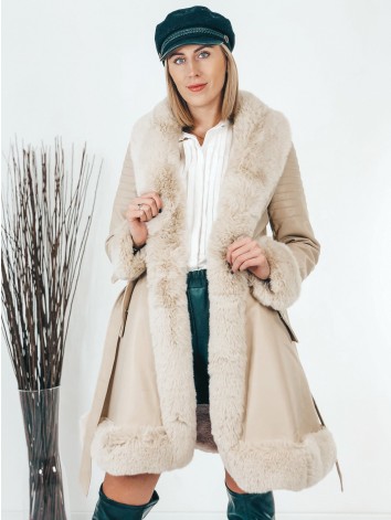 Exkluzívna béžová kožušinová bunda s opaskom
