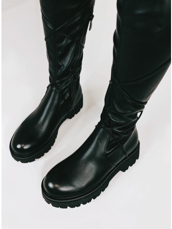 Dámske čierne vysoké čižmy nad kolená s viazaním