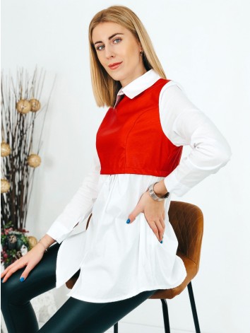 Dámska červeno-biela predĺžená košeľa s koženkovým efektom
