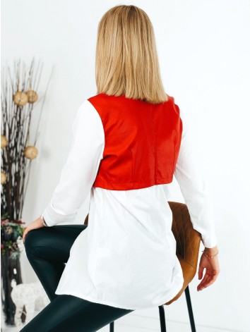 Dámska červeno-biela predĺžená košeľa s koženkovým efektom