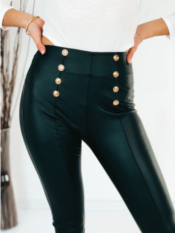 Dámske zateplené elastické čierne koženkové legíny s gombíkmi - KAZOVÉ