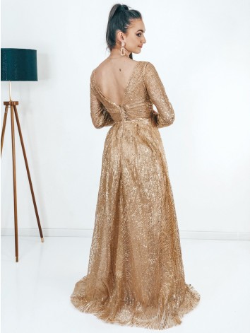 Dlhé zlaté trblietavé spoločenské šaty Queen