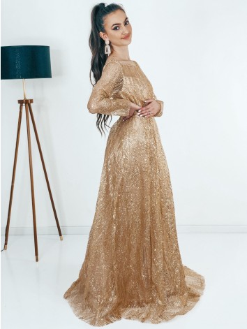 Dlhé zlaté trblietavé spoločenské šaty Queen