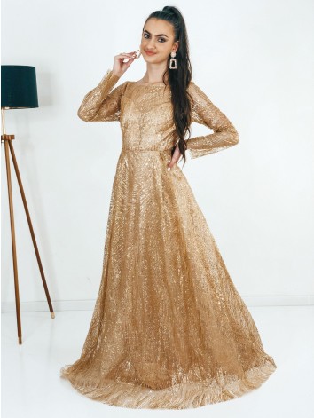 Dlhé zlaté trblietavé spoločenské šaty Queen