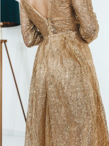 Dlhé zlaté trblietavé spoločenské šaty Queen