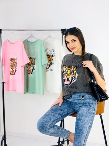 Dámske čierno-sivé predĺžené oversize tričko s tigrom