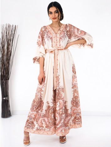 Dámske dlhé vzorované šaty s gombíkmi a opaskom - staroružová