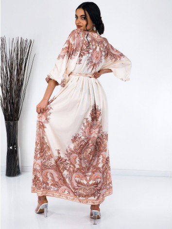 Dámske dlhé vzorované šaty s gombíkmi a opaskom - staroružová