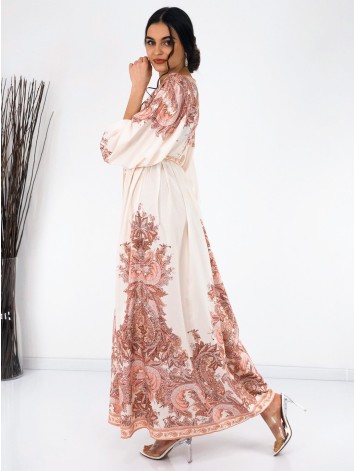 Dámske dlhé vzorované šaty s gombíkmi a opaskom - staroružová