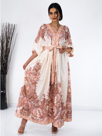 Dámske dlhé vzorované šaty s gombíkmi a opaskom - staroružová