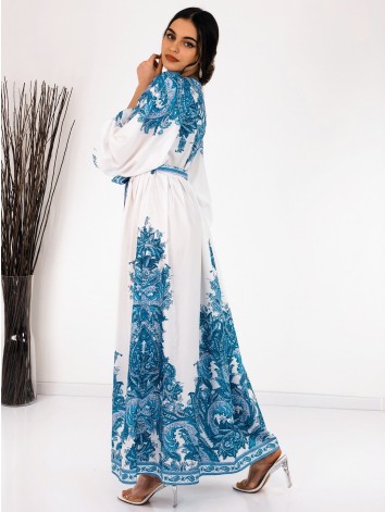 Dámske dlhé vzorované šaty s gombíkmi a opaskom - modrá