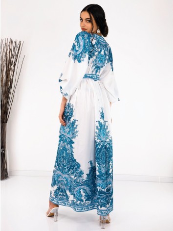 Dámske dlhé vzorované šaty s gombíkmi a opaskom - modrá