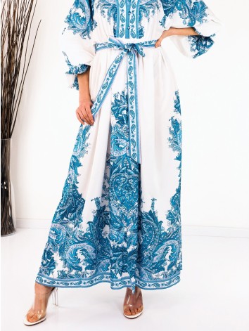 Dámske dlhé vzorované šaty s gombíkmi a opaskom - modrá