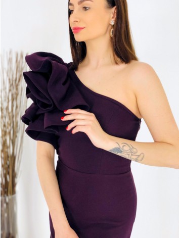 Exkluzívne dámske dlhé spoločenské šaty s volánom - fialové